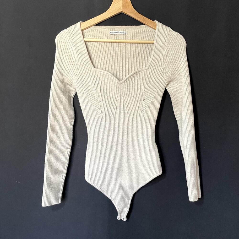 Abercrombie & Fitch beige tan princess neckline knit bodysuit women's size M
